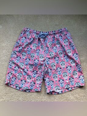 Peter Millar Seaside Men’s Pink Skull Swim Trunks w/ Mesh Lining - Size L - EUC